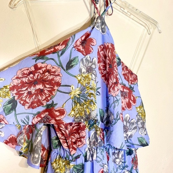 avlux Tiered Romper Floral Palm Print Jumper Halter Tied High Neck Shorts - Picture 4 of 12